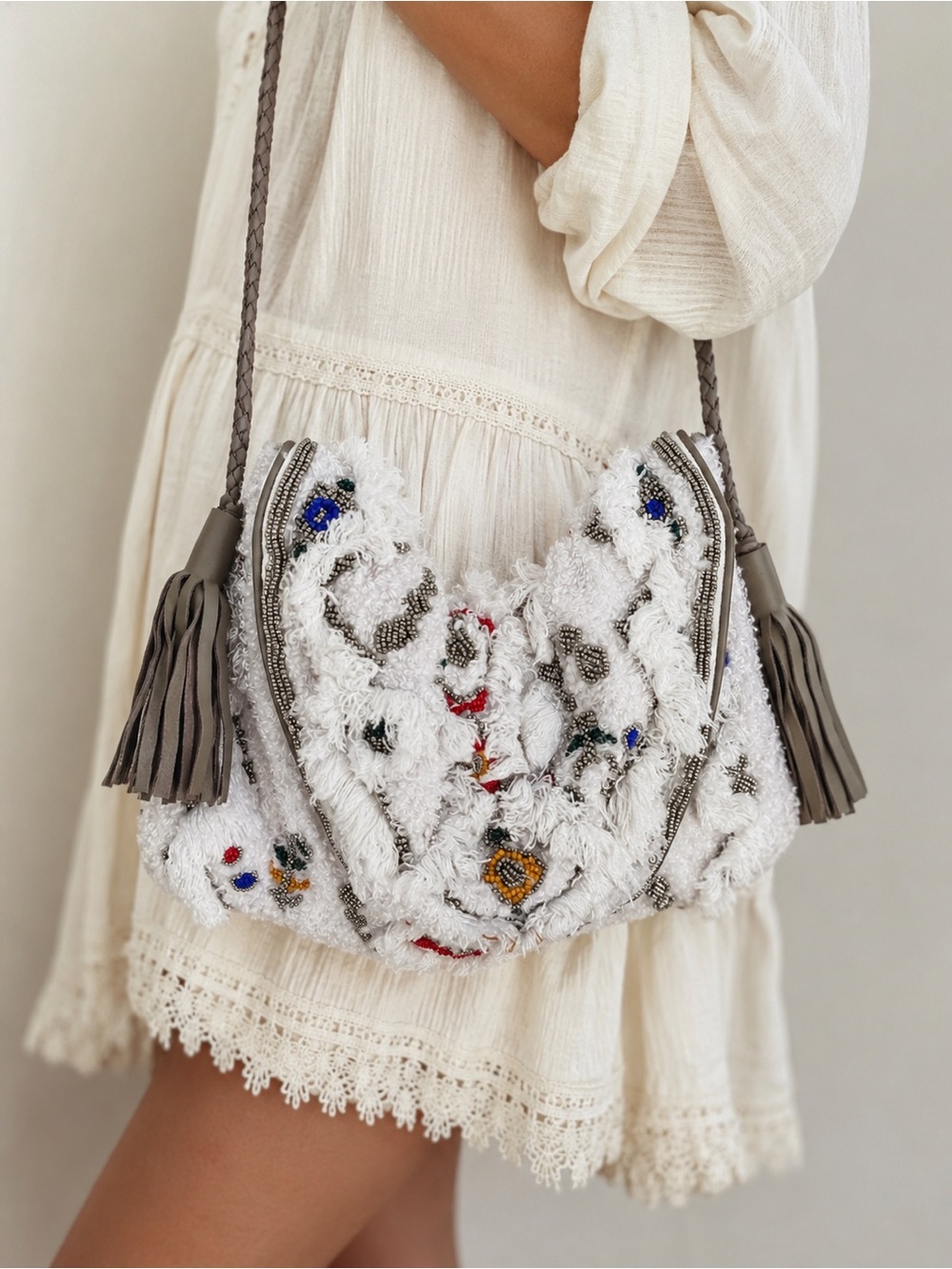 Ibban for Anthropologie Jack Beaded Tassel Fringe Boho Shoulder Bag